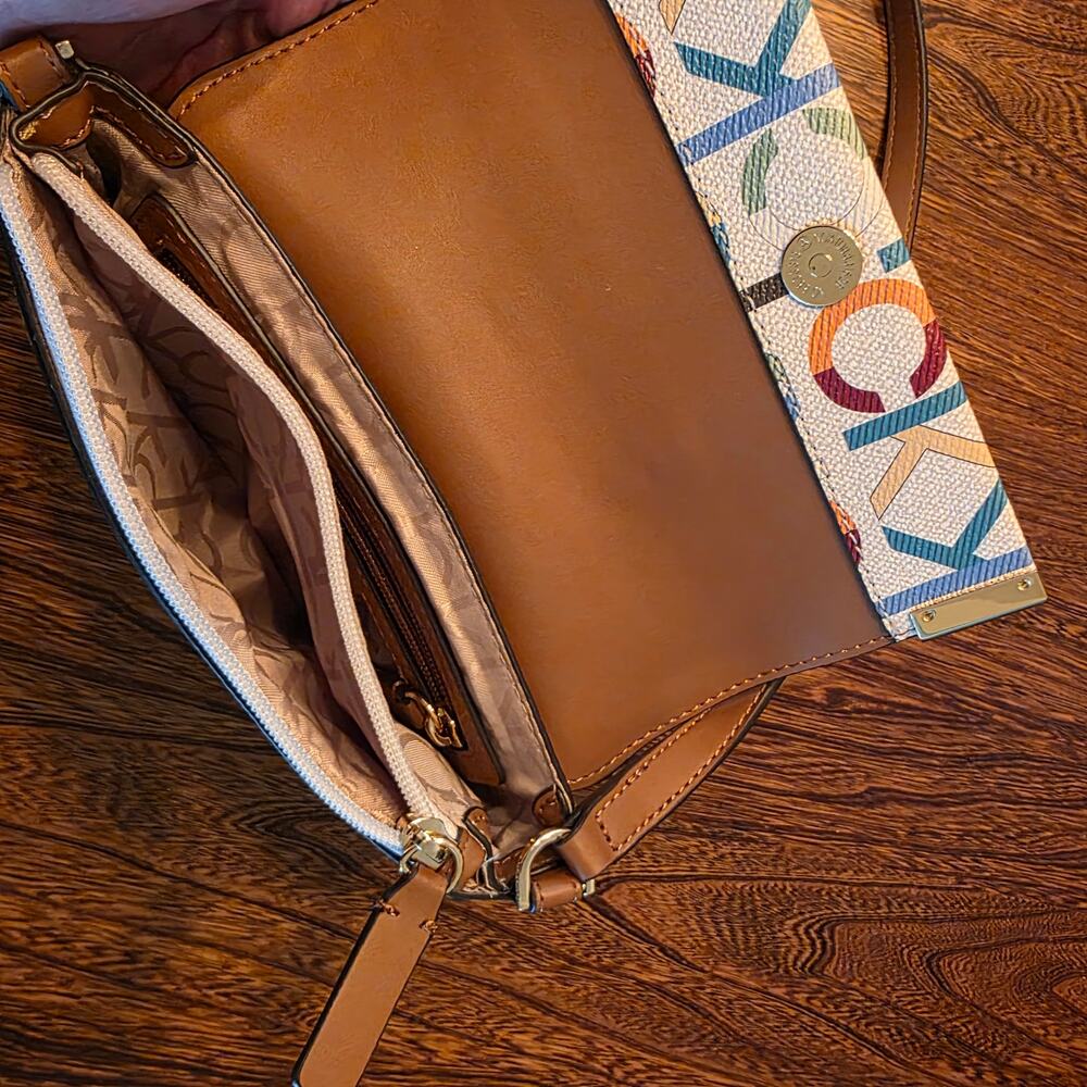 Calvin Klein White Multicolor CK Logo Crossbody with Tan Strap - Picture 4 of 6